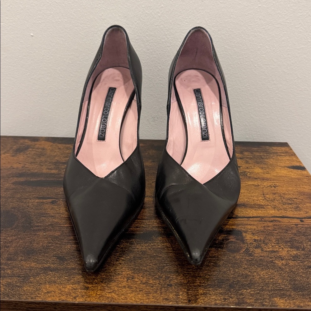 Gianmarco Lorenzi Black Leather Pointed Toe Pumps with Metal Heel